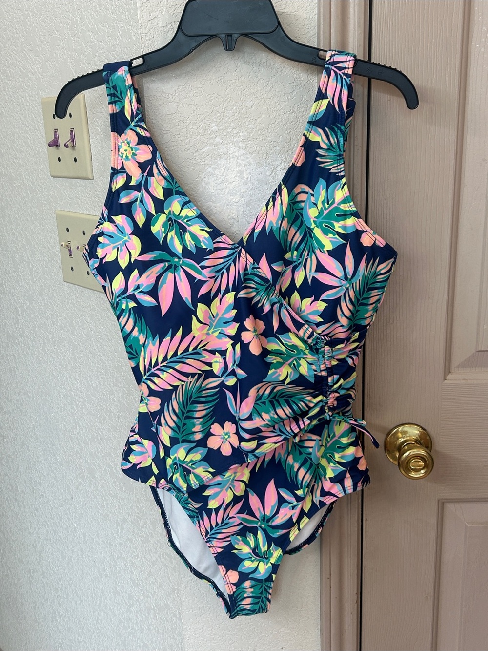 Tropical Floral Navy One-Piece Swimsuit with Pink & Green Leaves